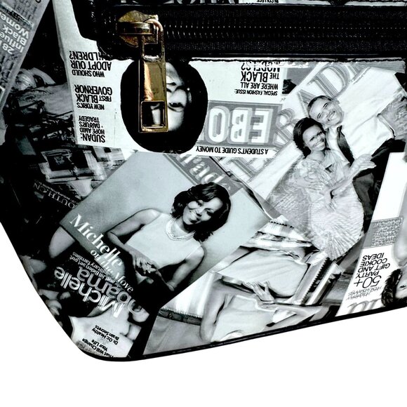 Michelle Obama Magazine Collage Handbag Purse Black Patent Handles Gold Accents - Picture 3 of 8